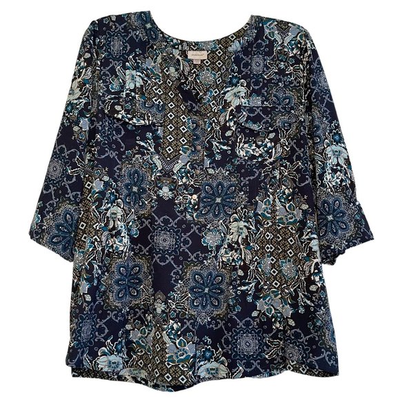 Avenue Tops - SOLD IN AUCTION ~ AVENUE Abstract Floral Navy Blue Button Henley 18/20